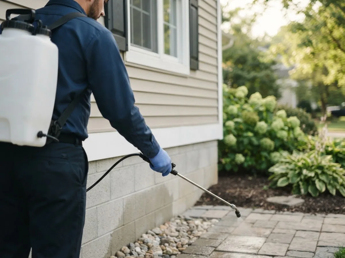 Pest control technician inspecting a home in Childersburg, AL